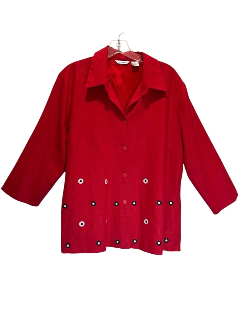 Richard Malcolm Red Linen Blend Button-Up Embroidered Jacket - Size 16